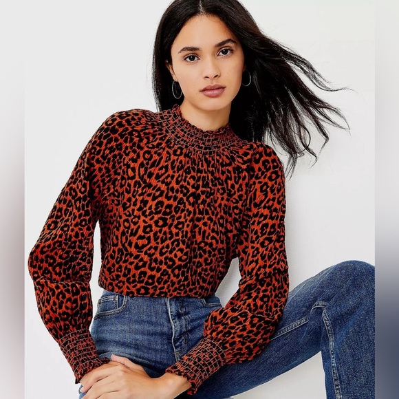 LOFT Tops - LOFT Leopard Print Smocked Mock Neck Long Sleeve Blouse Size LP NWOT